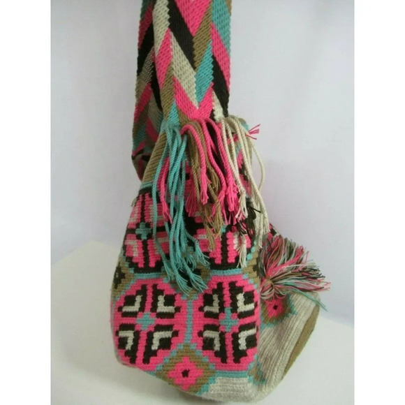 Wayúu Mochila Bag Purse Handbag Bucket Shoulder Straps Colombian Pink Teal Woven - Picture 7 of 8